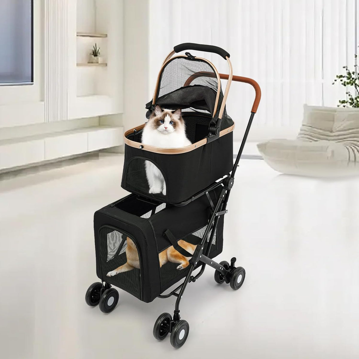 Foldable Pet Stroller for Small & Medium Dogs, Double Dog & Cat Stroller with 3-in-1 Travel System, Detachable Pet Carrier with Wheels for Cats and Dogs up to 77 lbs, Black