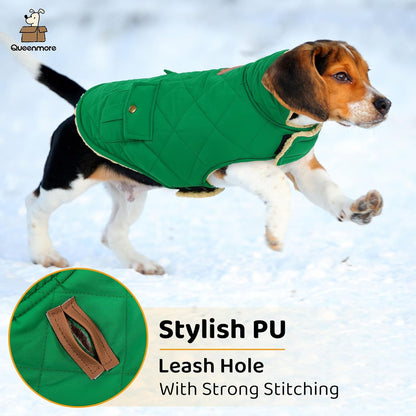 Queenmore Warm Dog Coat, Cold Weather Puffer Dog Coat Vest, Quilting Winter Pet Jacket Ultra Thick Plush Fleece Lining Pet Clothes for Dogs with Storage Pockets (Forest Green, Small)