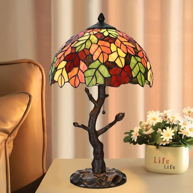 TL0021 Maple Leaves Tiffany Table Lamp Stained Glass Shade Reading Desk Light 12 X 20 Inches for Bedroom Living Room, Handcrafted Art Deco for Home Office, LED Bulb Included (Maple Leaves)