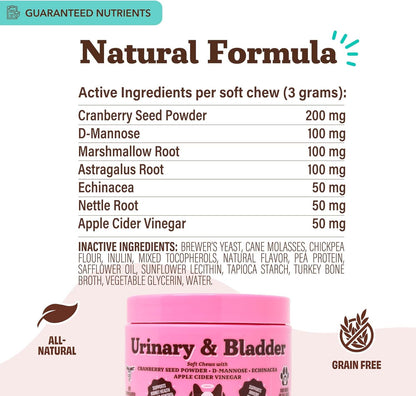 Natural Dog Company Cranberry Supplement for Dogs - Urinary & Bladder Support - D-Mannose for Dog Promotes Bladder Health - Turkey Flavor - Dog UTI Incontinence Supplement - 90 Soft Chews