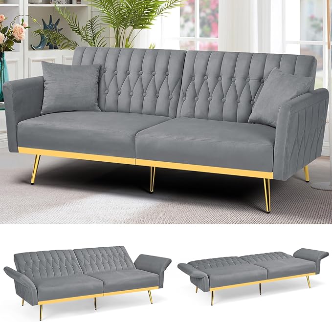70” Velvet Futon Sofa Bed with 2 Pillows and Adjustable Armrests, Convertible Sleeper Bed W/Adjustable Backrests, Modern Loveseat for Living Room, Bedroom, Light Grey