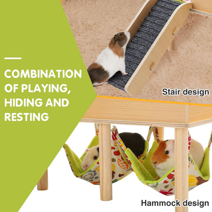 MEWTOGO Guinea Pigs Hammock with Platform, Wooden Guinea Pig Hideout with Stairs, Safe and Durable Small Pet Bed for Piggies Chinchilla Rat Hamster Bunny (Double Hammocks)