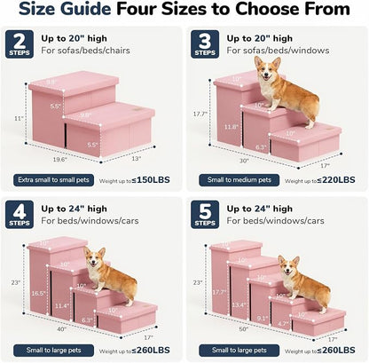 3-Step Wide Dog Stairs with Hidden Storage 18" H, Non-Slip Dog Steps for High Bed Couch Window Car, Jiont-Friendly Pet Stairs Ramp for Small/Medium/Large Old Dogs Cats Up to 200lbs, Pink