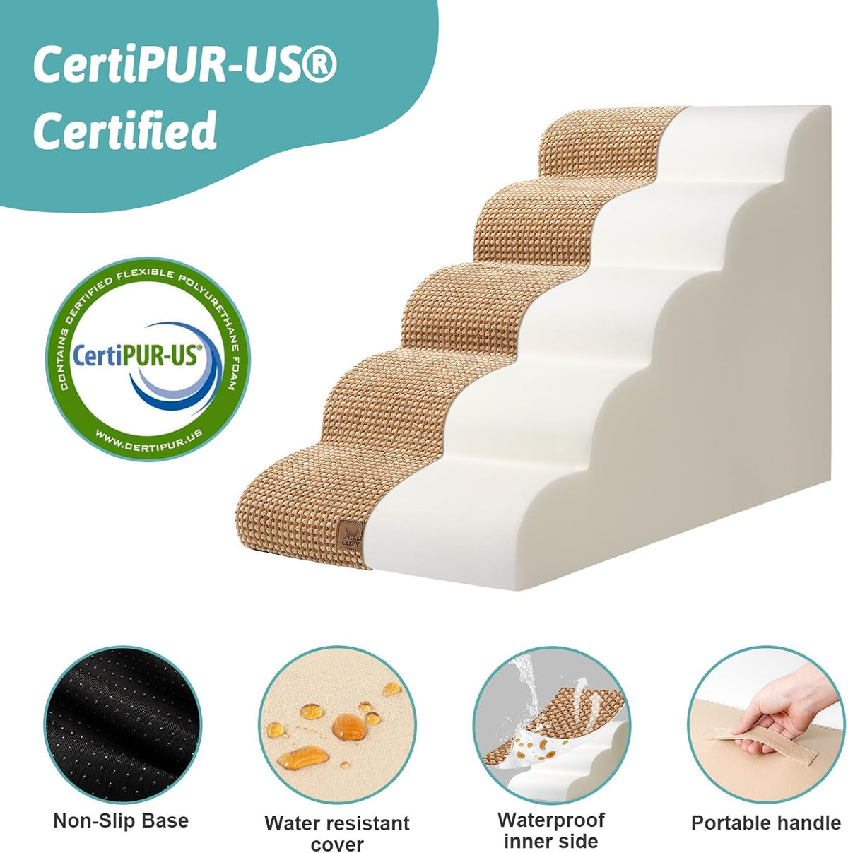 Dog Stairs for High Bed 22.6" H, Small Dog Step for Puppy, Older or Cat, Curved Ramp for Car, Ladder with High Density Foam, Lightweight, Durable, 15.7x33x22.6 inch, 5 Step, Light Brown