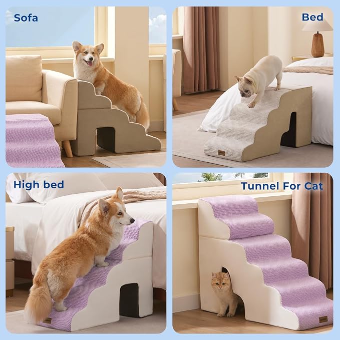ZOMISIA Dog Stairs for High Beds with Tunnel, 29" H 6 Steps for Large Dog | Tunnel 2 in 1 with Zippers, Suitable for Short-Legged Dogs Get on Bed, Non-Slip Durable Dog Steps with High-Density Foam