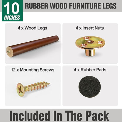 FoDau770 Brown Rubber Wood Furniture Legs 10 Inches, Straight Tapered Wood Feet Mid Century Sofa Legs Set of 4, 5/16" UNC Furniture Feet for Cabinet Couch Dresser Chair Ottoman Table