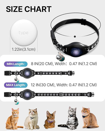 Cat Tracker Collar Waterproof Airtag Cat Collar with Finder Tag (iOS ONLY Not for Android Devices), Compatible with Apple Find My, Breakaway Tractive with Reflective Pattern & Bell, Black, 8-12"