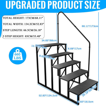 RV Stairs 5 Step, RV Steps Anti-Slip, Hot Tub Steps with Handrail, 660 lbs Hot Tub Steps Step Ladder for 5th Wheel RV, Mobile Home Stairs, REL-0402