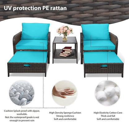 LEVELEVE Balcony Furniture 5 Piece Patio Conversation Set, PE Wicker Rattan Outdoor Lounge Chairs with Soft Cushions 2 Ottoman&Glass Table for Porch, Lawn-Brown Wicker