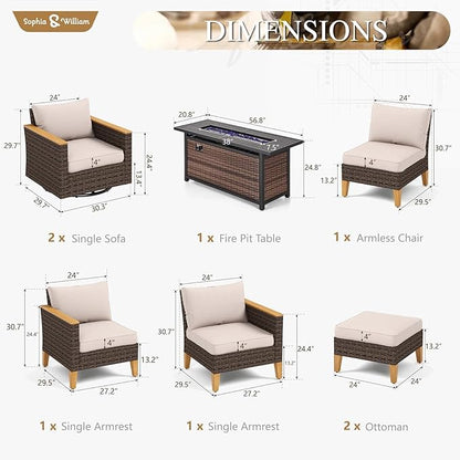 Sophia & William Patio Furniture Set with 56" Fire Pit Table & Swivel Chairs, 8 Piece Outdoor Sectional Furniture Wicker Modular Sofa Couch, Conversation Set for Deck Backyard Lawn, Beige