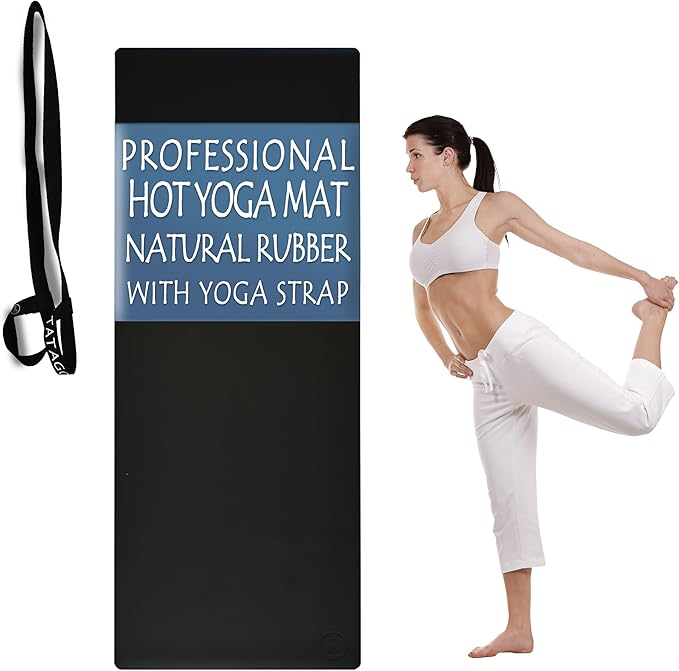 Tatago Hot Yoga Mat Non Slip-Professional Grade Natural Rubber Yoga Mat, Pliates Mat, Stretching Mat or exercise mats for home workout. Nonslip for Hot and Sweaty Classes. Includes Yoga Strap for Carrying and Stretching too.