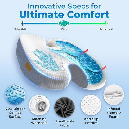 TOP COMFORT Seat Cushion, BodySync™ Technology with Non-Slip Gel & Memory Foam for Tailbone, Sciatica & Back Pain Relief, Office Chair Cushion, Car Seat Cushions for Driving (Light Grey)