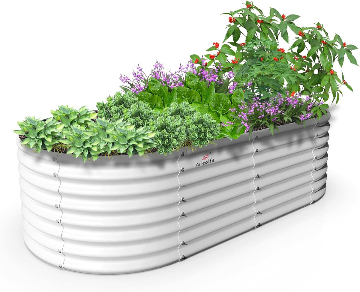 A ANLEOLIFE 8X4X2 ft Galvanized Raised Garden Beds Outdoor, Oval Large Metal Deep Root Planter Box for Planting Vegetables Flowers Herb, Anti-Rust & Easy-Setup, Antique White
