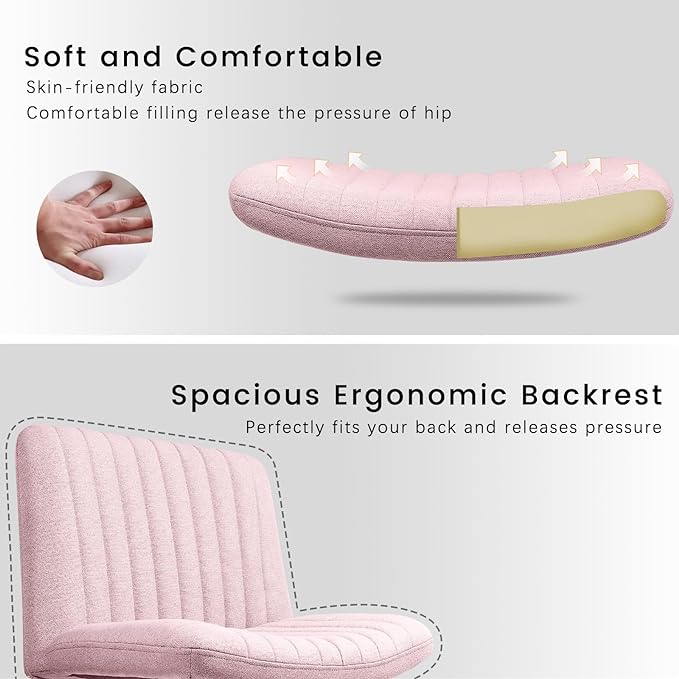 PUKAMI Criss Cross Chair,Armless Cross Legged Office Desk Chair No Wheels,Fabric Padded Modern Swivel Height Adjustable Mid Back Wide Seat Computer Task Vanity Chair for Home Office(Pink)