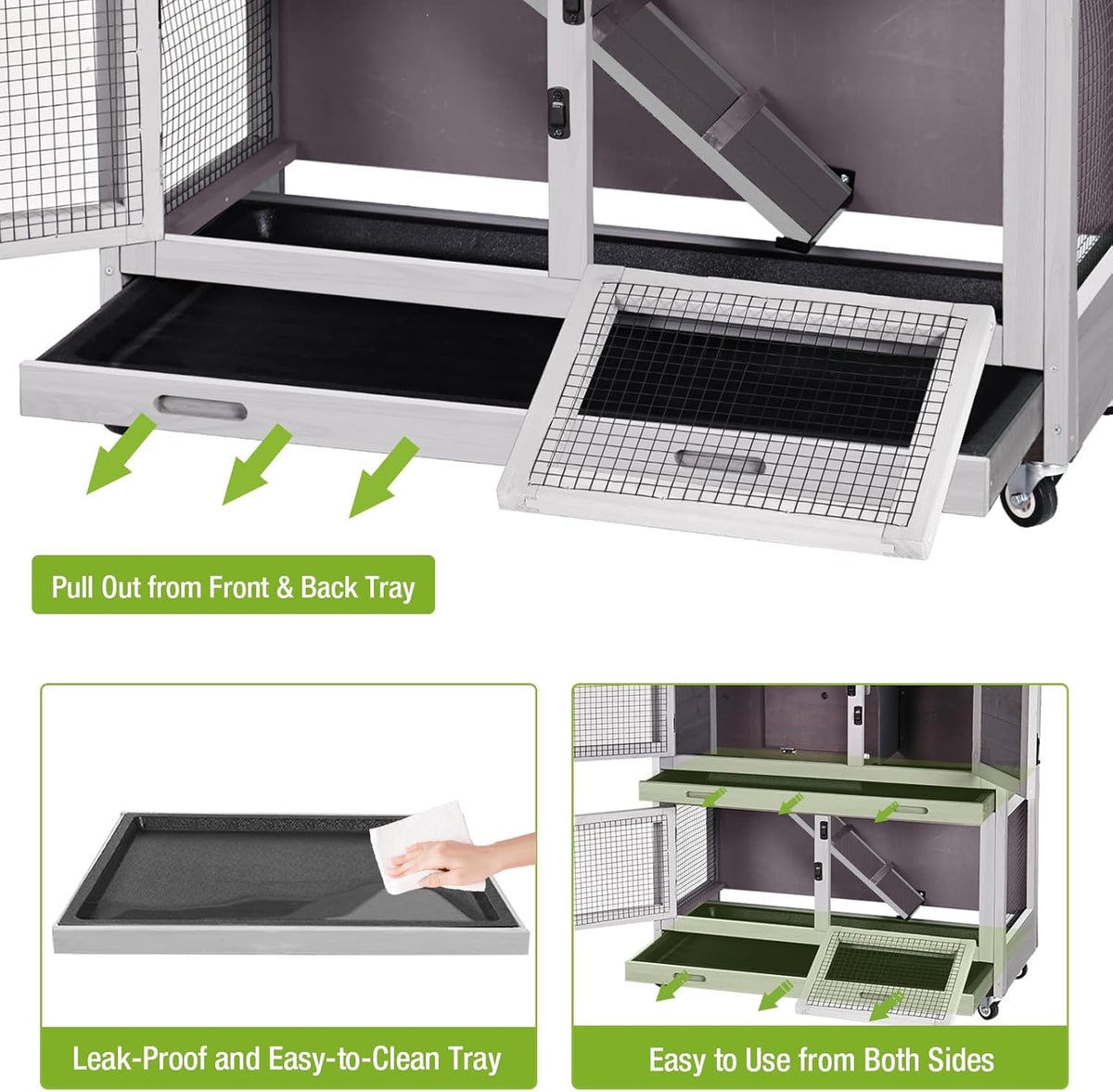 Gutinneen 2-Story Rabbit Hutch with Chew-Proof Ramp, 36" Indoor/Outdoor Rabbit Cage with 4 Casters & 2 Pull-Out Trays, Wooden Bunny Hutch Leakproof Small Animal Cage for Rabbits, Guinea Pigs