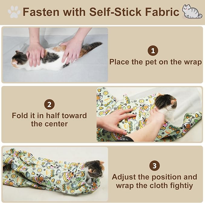 35.5" Extra Large Cat Grooming Wrap – Anti-Escape Cat Wrap for Cutting Nails, Brushing & Medication – Soft, Comfortable, Reusable, Self-Adhering, Holds Cats Up to 22lbs (Cow Corn)
