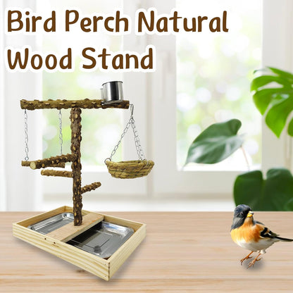 Tfwadmx Bird Perch Natural Wood Stand Toy Parrot Play Stand Platform and Hanging Bird Nests Bird Cage with Removable Tray and 2 Stainless Steel Cups for Parakeets Canaries Cockatiels Conure Lovebirds