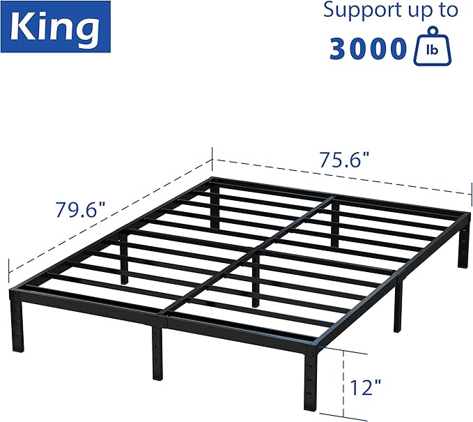 King Size Bed Frame No Box Spring Needed, 12 Inch Heavy Duty King Platform Bed Frame Support Up to 3000 lbs, Easy Assembly, Noise Free, Black