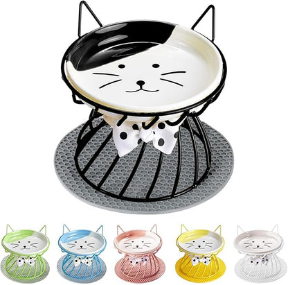 Elevated Cat Food Dish, Ceramic, Non-Slip Stand, Raised Feeding Station, 5 in, Shallow for Whiskers, Dishwasher Safe