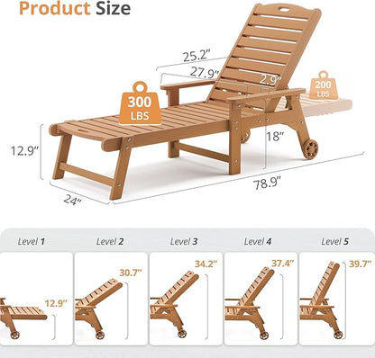 LUE BONA Outdoor Chaise Lounge, HDPS Chaise Lounger, 5 Positions Adjustable Lounge Chairs, Pool Lounge Chair with Wheels for Poolside, Backyard, Teak Color