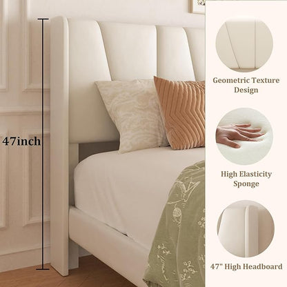 Queen Bed Frame with Storage Drawers, Upholstered Queen Size Platform Bed with 47" Tall Headboard and Wingboard, No Box Spring Needed, Noise Free, Easy Assembly, Wooden Support Slats, Beige