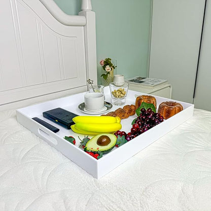 White Rectangular 18x20 Inches Acrylic Ottoman Tray Decorative Serving Tray with Cutout Handles Organizer Tray on Coffee Table Countertop Big Breakfast Bed Tray Living Room Appetizer Serving Food