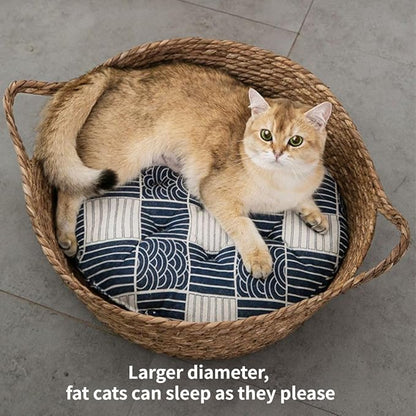 Cat Bed, Straw Woven Cat Baskets Bed, Round Wicker Cat Basket Nest, Non-Slip Cozy Kitten Bed for Cats Small Dog (with Cushion,Small)
