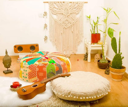 Mandala Life ART Indian Vintage Colorful Pouf Ottoman Cover Handmade Round Floor Cushion Pillow Patchwrok Recycled Cotton Bohemian Room Décor for Yoga and Boho Chic Seating Area 24x8 Unstuffed