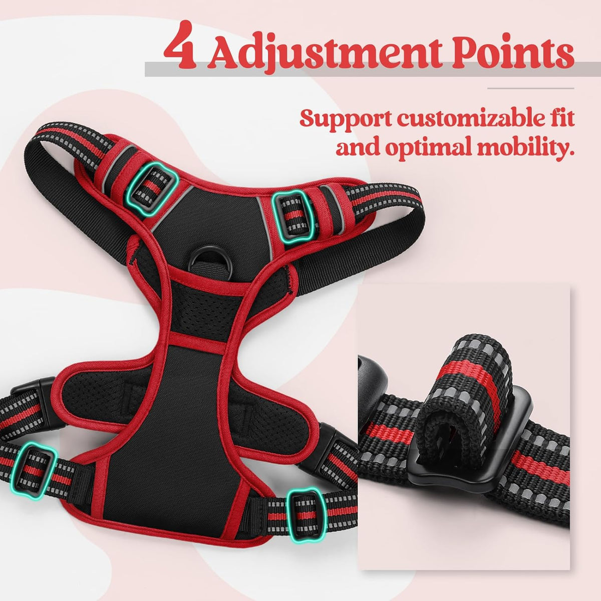 rabbitgoo Dog Harness No Pull with 2 Leash Clips, Adjustable Soft Padded, Reflective Oxford No Choke Pet Vest with Easy Control Handle for Large Dogs, Black & Red, XL