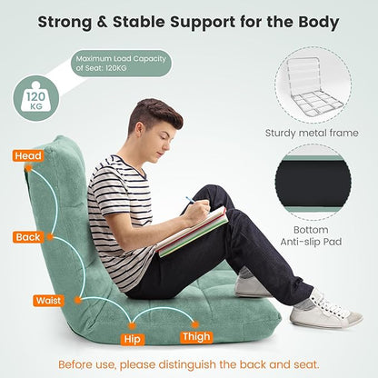 MAT EXPERT 14-Position Floor Chair, Floor Gaming Chair w/Soft Coral Fleece, Alloy Steel Frame, Padded Lazy Couch Recliner, Floor Chair with Back Support for Reading, Meditating (Green)