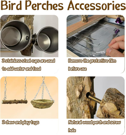 Tfwadmx Bird Perch Natural Wood Stand Toy Parrot Play Stand Platform and Hanging Bird Nests Bird Cage with Removable Tray and 2 Stainless Steel Cups for Parakeets Canaries Cockatiels Conure Lovebirds