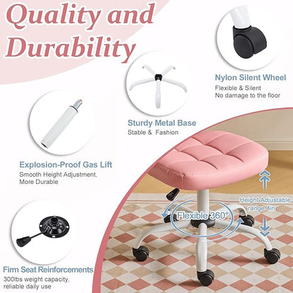 VINGLI Compact Small Desk Chair, Cute Armless Chair with Wheels, Vanity Chair with Low Back, Height Adjustable Task Chair for Small Spaces, Office, Bedroom, Make Up Room, PU Leather, Pink