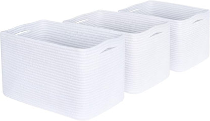 MINTWOOD Design 3-Pack Decorative Woven Storage Baskets for Shelves, Cube Bin Box for Organizing Books, Shoes, Dog Toys, Pantry Closet and Living Room Organizer, Full White