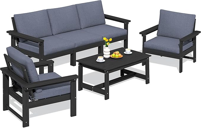 SERWALL HDPE Patio Conversation Set, 6-Piece Sectional Outdoor Furniture Set, All Weather Outdoor Couch Set Patio Furniture Set for Deck, Lawn, Black Frame with Grey Cushion