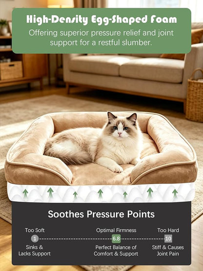Spotted Play Orthopedic Dog Bed with Sides - Sofa Beds for Small Dogs, Supportive Foam Pet Couch Bed with Washable Removable Cover, Waterproof Lining and Non-Slip Bottom, Brown - S