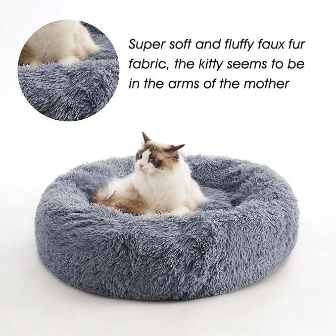 Western Home Calming Donut Small Dog Cat Bed Washable Puppy Bed,24" | Fluffy Faux Fur Round Cuddler,Anti-Anxiety,Anti-Slip Bottom,Pet Beds for Puppy&Small Dogs&Large Cat,Up to 25 LBS Navy Grey