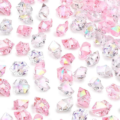 DomeStar 150PCS Dazzling Fake Ice Rocks, Pink Holographic Acrylic Crushed Ice Sparkling Plastic Diamonds Gems for Vases Fillers Aquarium Rocks Party Table Scatter Wedding Decor