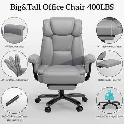 GYI Criss Cross Chair with Wheels, 160°Big and Tall Reclining Office Desk Chair with High Back, Wide Seat, Arms, Footrest, Grey