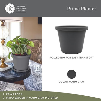 The HC Companies 10 Inch Prima Round Planter Pots with Drainage Holes and Rolled Rim, Lightweight UV-Resistant Plastic Indoor & Outdoor Planters, 2-Pack Flower Pots for Garden & Home Decor, Warm Gray