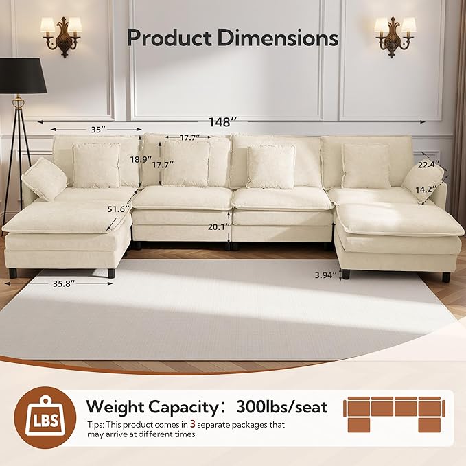 Claiks 148" Modular Sectional Sofa, Cloud Couch with Ottoman, U-Shaped 6-Seater Sofa in Chenille Fabric, Deep Seat Comfy Couch with Pillows for Living Room & Offices, Beige