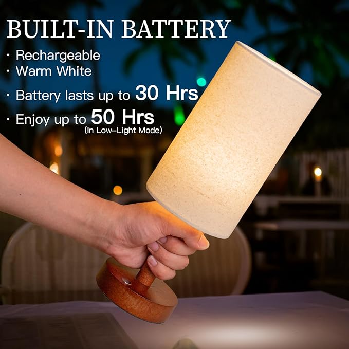 Cordless Table Lamp, 3 Color Dimming Portable Battery Lamp, Touch Control Wood Base Small Bedside Lamps for Night Stands, Living Room, Office(LED Bulb Included) (Cordless Wood Base)