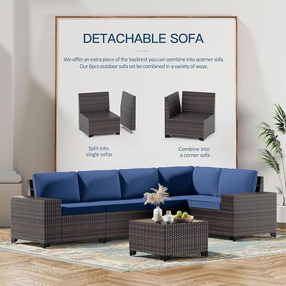 Kullavik Outdoor Patio Furniture Set 6 Pieces Sectional Rattan Sofa Set Brown PE Rattan Wicker Patio Conversation Set with 5 Seat Cushions and 1 Tempered Glass Table,Navy Blue