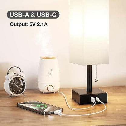 White Small Table Lamp for Bedroom - 3 Color Temperature 3000K 5000K 4000K Bedside Lamp, Pull Chain Control, USB A and C Charging Ports, Black Base, for Kids Office Dorm Nightstand, Bulb Included