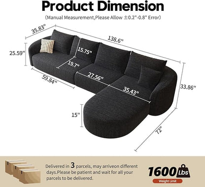 138.6" Modular Sectional Couches Luxury Modern Curved Back Sofa,Minimalist Comfy L-Shape Boneless Cloud Couch for Living Room Apartment,(Right Facing Chaise,Black)