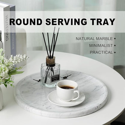 Natural Marble Serving Tray, 11.8in Round, Carrara Marble, Bathroom/Kitchen/Coffee Table Tray for Counter, Decorative Vanity for Catchall, Fruit and Snack