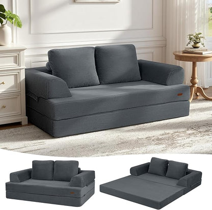 COMAX Convertible Sofa Bed, Folding Floor Couch Fold Out Couch Bed Futon Sleeper Mattress with Pillows, Boneless Sofa Comfy Lounge Loveseat for Living Room Bedroom, Faux Fur Dark Grey