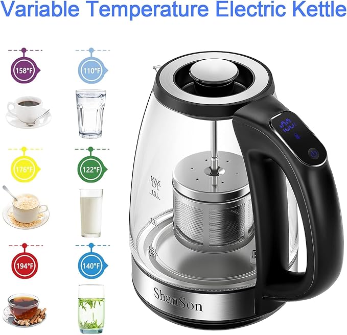 ShanSon Electric Kettle with Tea Infuser 1.7L Temperature Control Glass