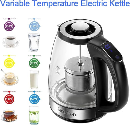 ShanSon Electric Kettle with Tea Infuser 1.7L Temperature Control Glass