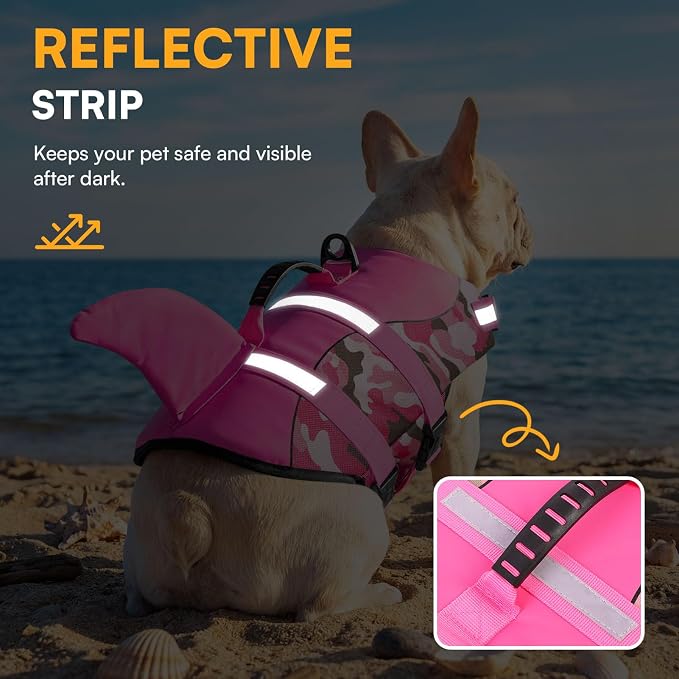 Dog Life Jacket Ripstop Dog Shark Safety Vest Adjustable Preserver with High Buoyancy and Durable Rescue Handle for Small,Medium,Large Dogs, Pink Camouflage Large