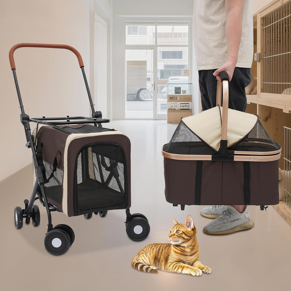 Foldable Pet Stroller for Small & Medium Dogs, Double Dog & Cat Stroller with 3-in-1 Travel System, Detachable Pet Carrier with Wheels for Cats and Dogs up to 77 lbs, Coffee Color